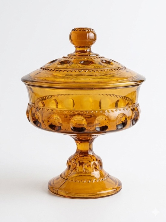 Indiana Glass Other - Indiana Glass King’s Crown Golden Amber Compote Thumbprint Pedestal Dish Vintage